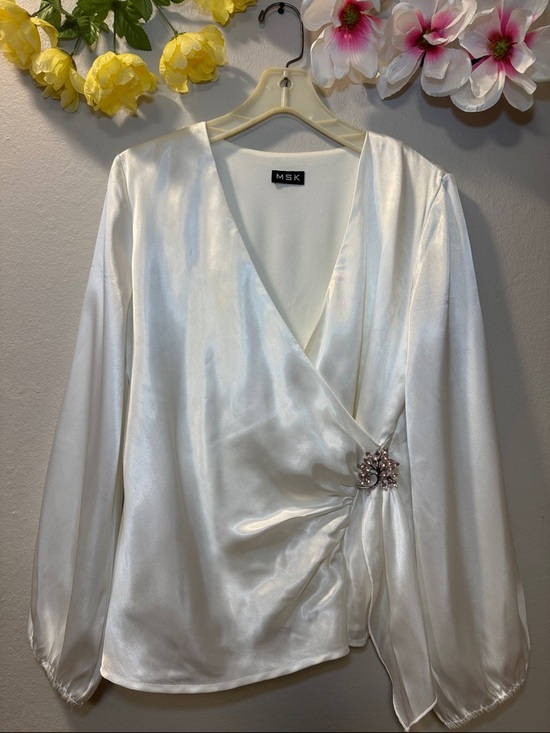 MSK Tops - MSK Ivory Satin Wrap Blouse with Jeweled Brooch